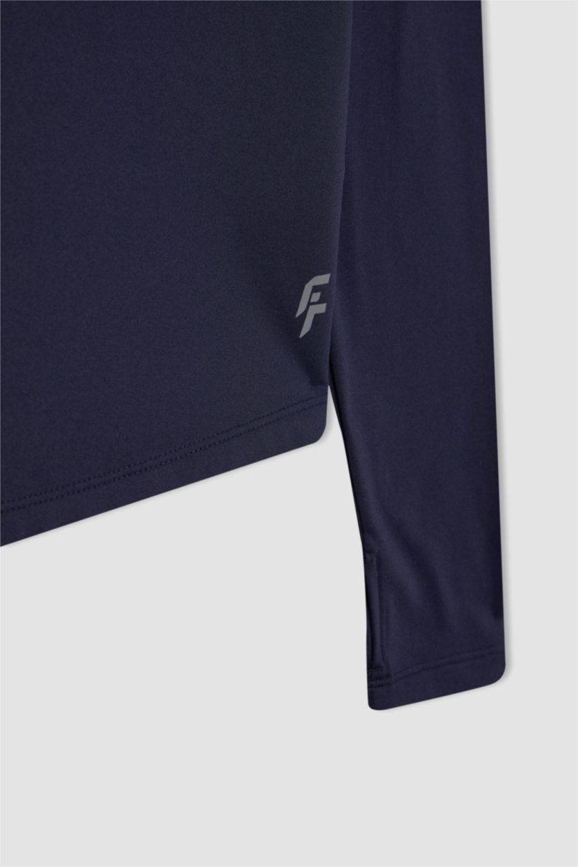 Erkek Lacivert Slim Fit Dar Kesim Bisiklet Yaka Sporcu Uzun Kollu Tişört