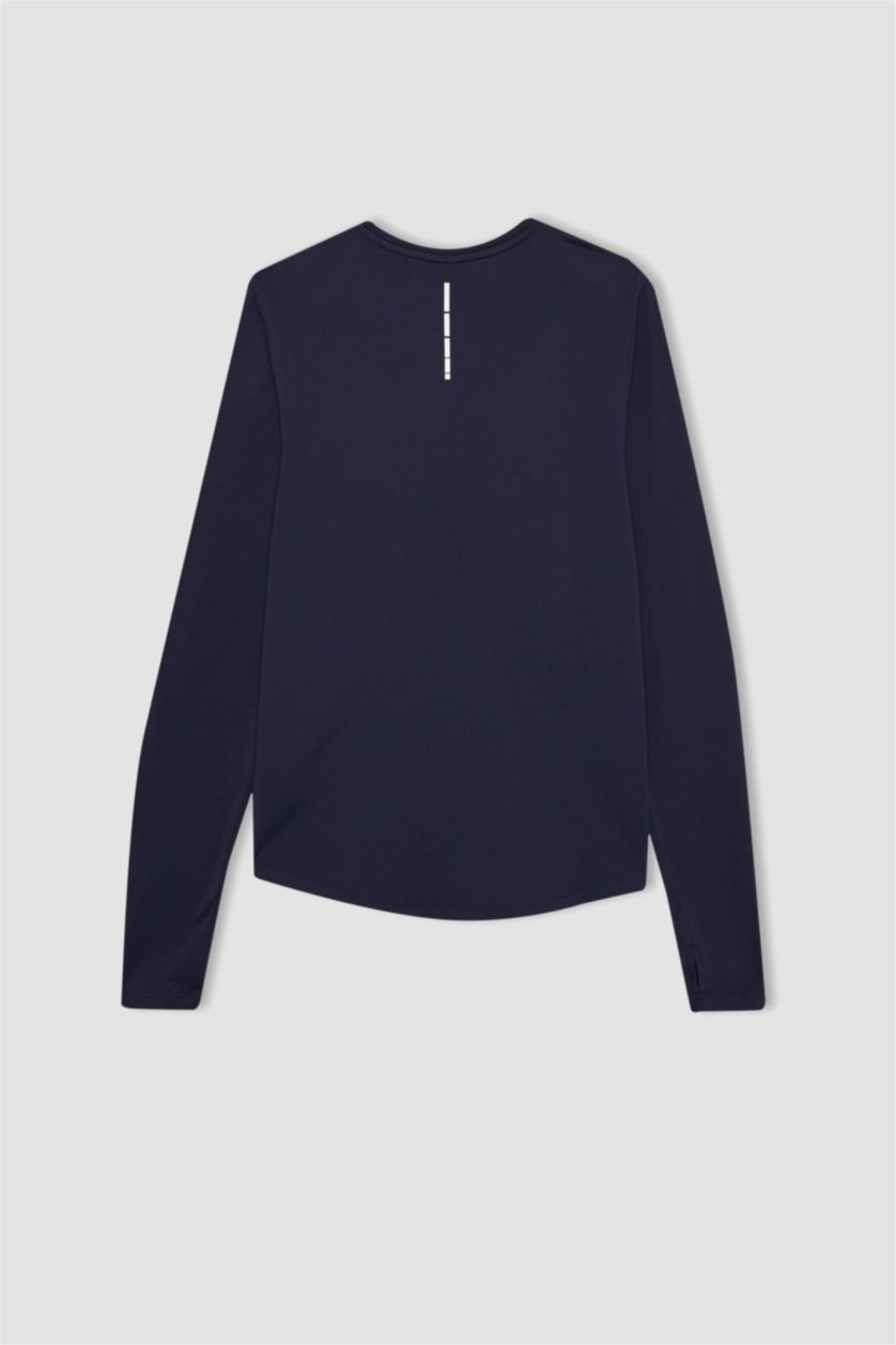 Erkek Lacivert Slim Fit Dar Kesim Bisiklet Yaka Sporcu Uzun Kollu Tişört