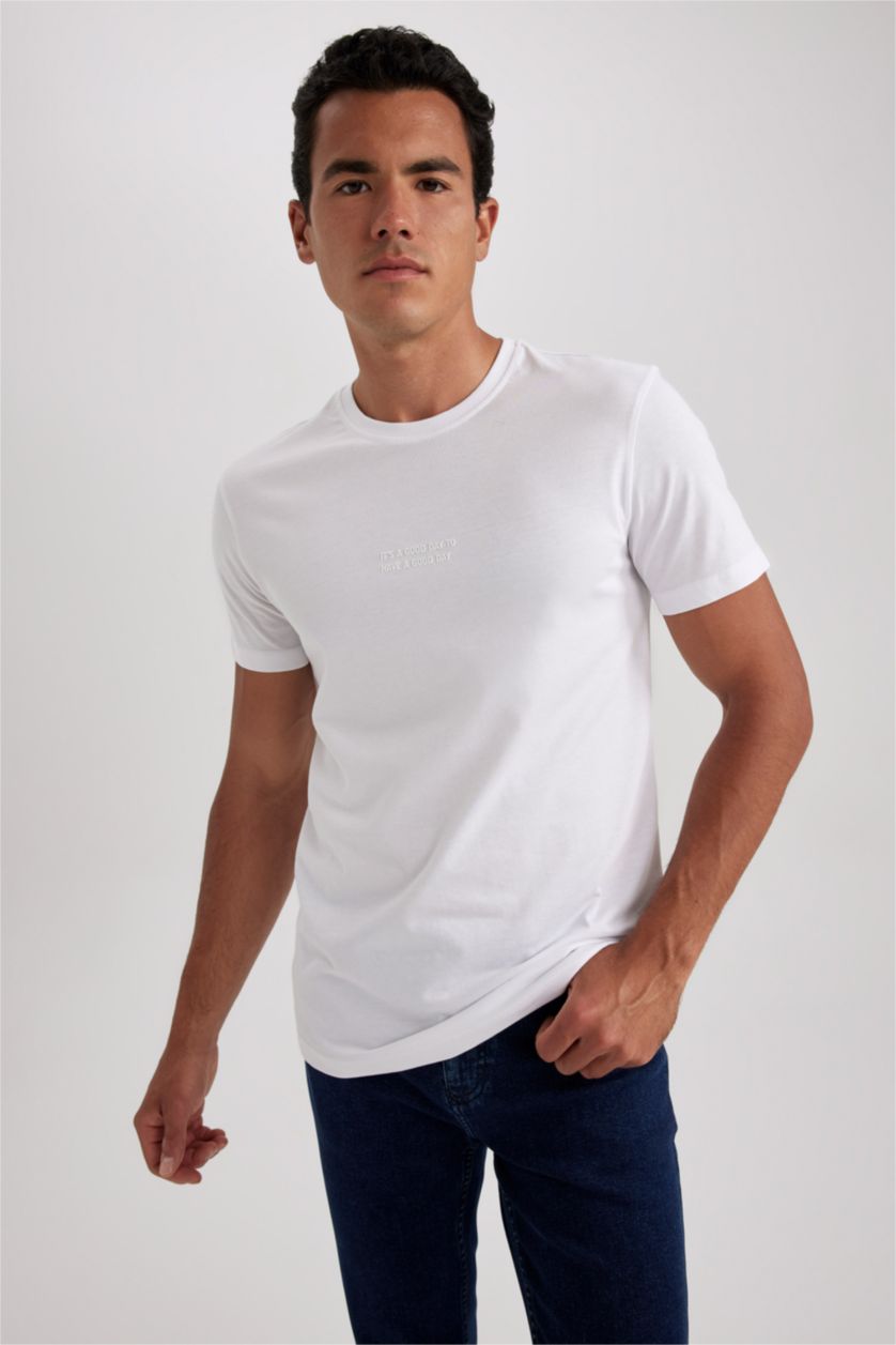 MAN White Slim Fit Crew Neck Printed Short Sleeve T-Shirt