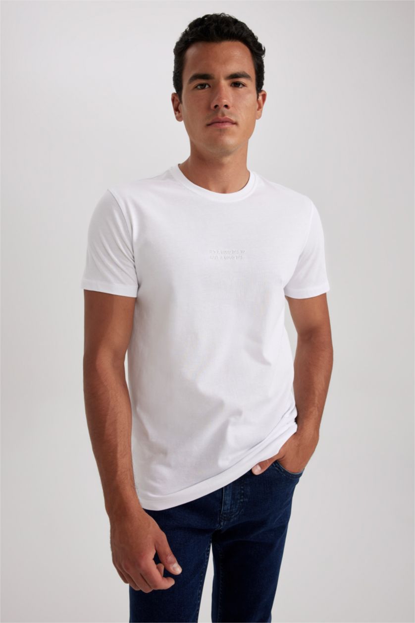 MAN White Slim Fit Crew Neck Printed Short Sleeve T-Shirt