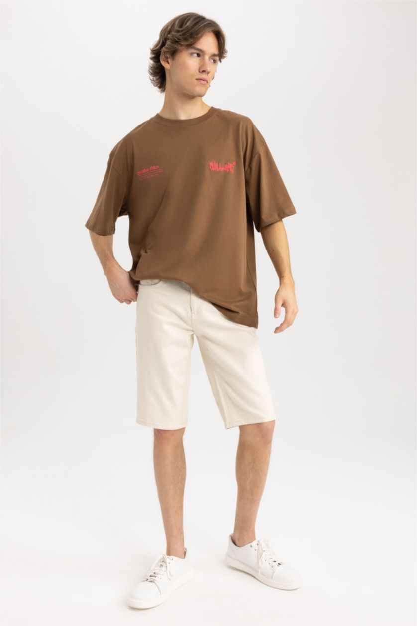 Мужчины Светло коричневый Футболка оверсайз с круглым вырезом и принтом