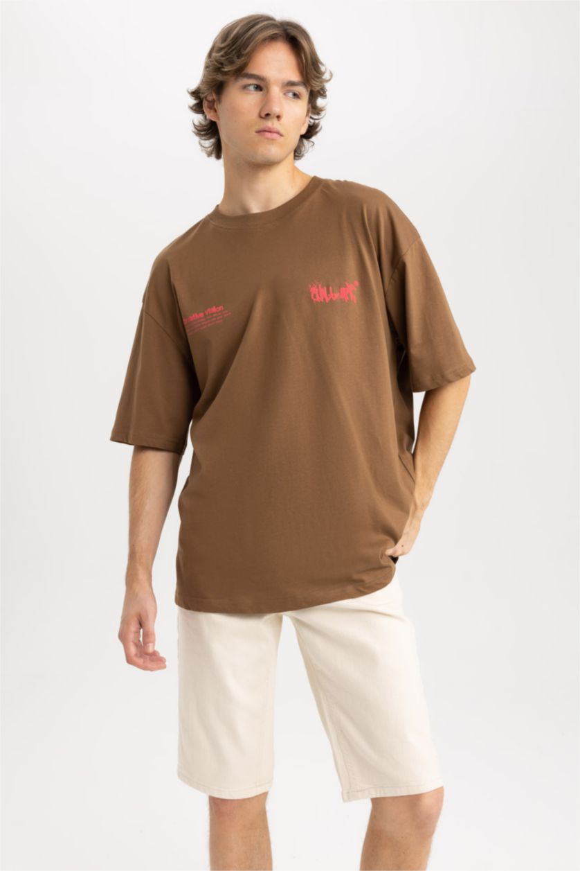 Мужчины Светло коричневый Футболка оверсайз с круглым вырезом и принтом