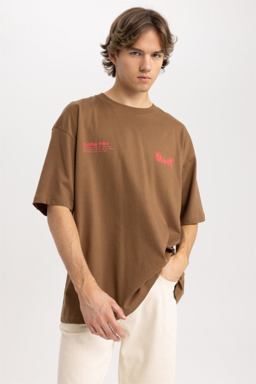 Мужчины Светло коричневый Футболка оверсайз с круглым вырезом и принтом