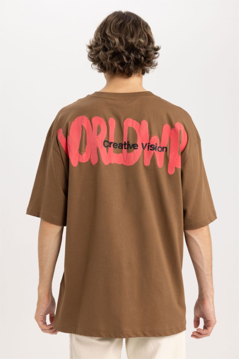 Мужчины Светло коричневый Футболка оверсайз с круглым вырезом и принтом