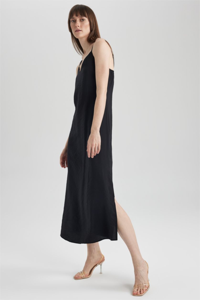 WOMAN Black Bodycon V-Neck Modal Midi Slit Strap Dress