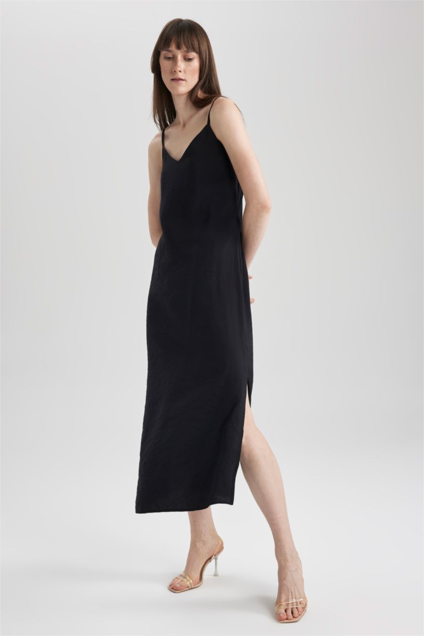 WOMAN Black Bodycon V-Neck Modal Midi Slit Strap Dress