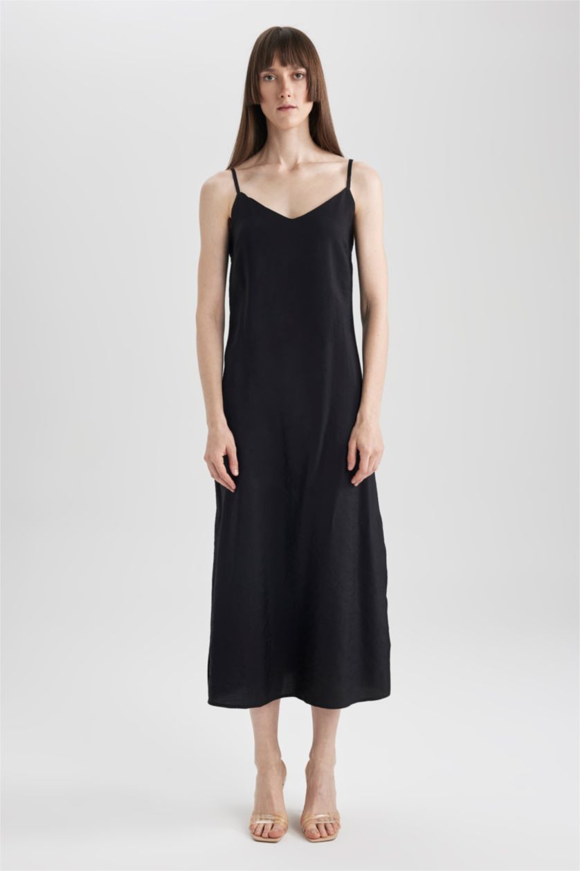 WOMAN Black Bodycon V-Neck Modal Midi Slit Strap Dress