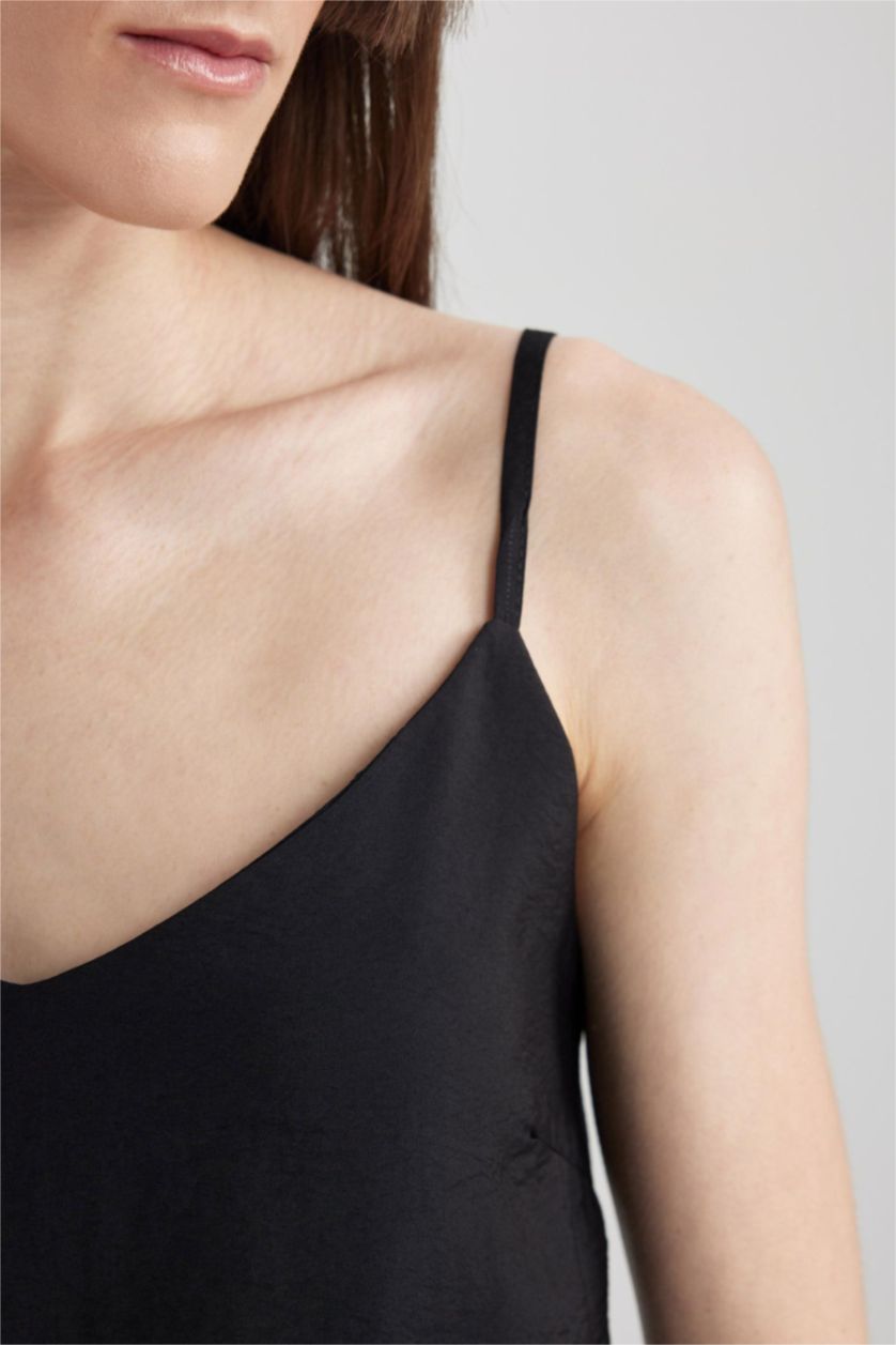 WOMAN Black Bodycon V-Neck Modal Midi Slit Strap Dress