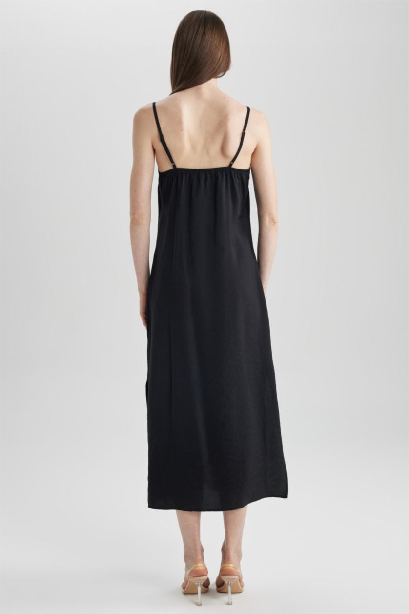 WOMAN Black Bodycon V-Neck Modal Midi Slit Strap Dress