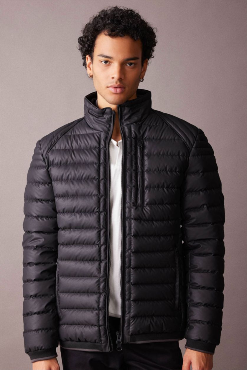 MAN Black Slim Fit Faux Leather Puffer Jacket