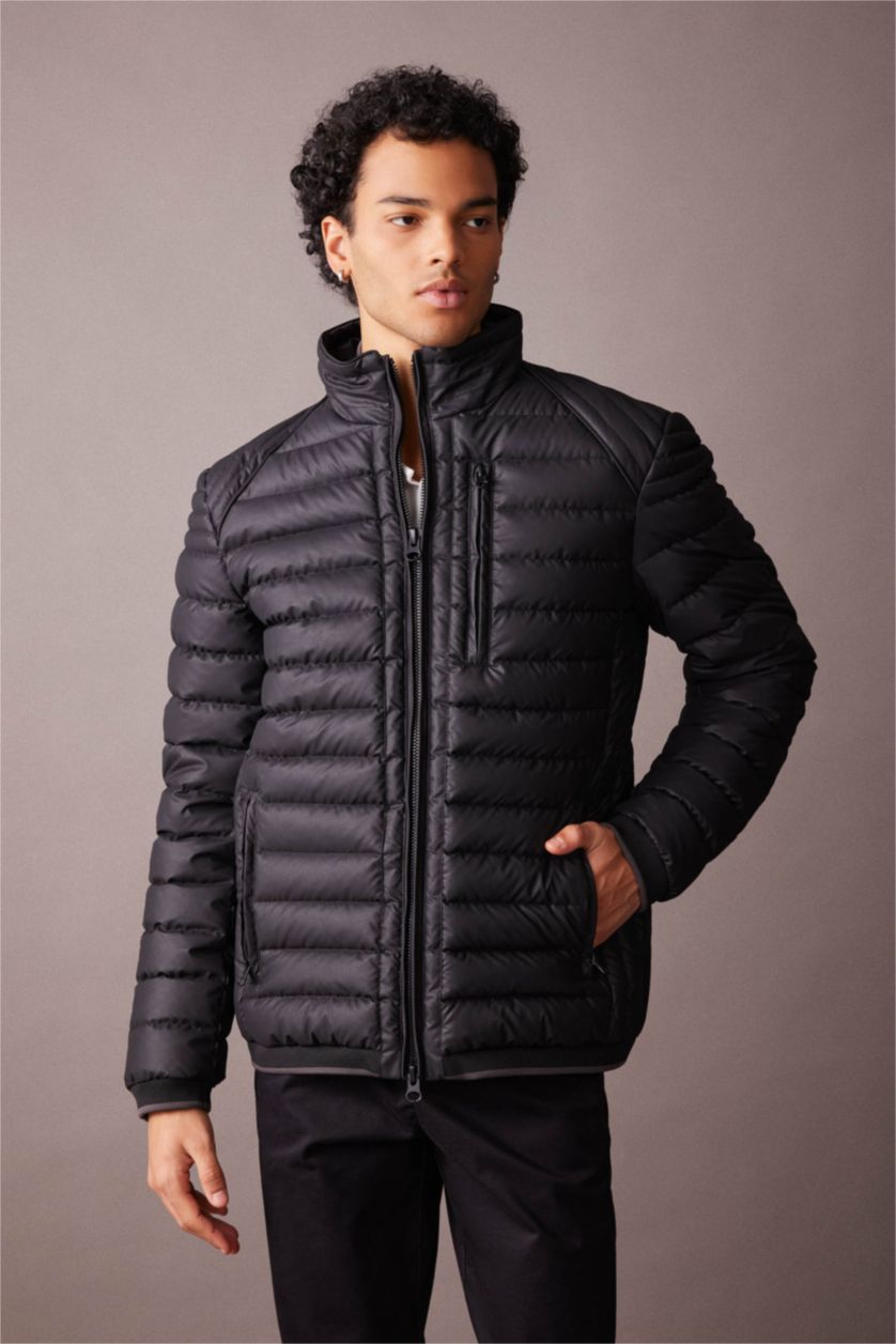 MAN Black Slim Fit Faux Leather Puffer Jacket