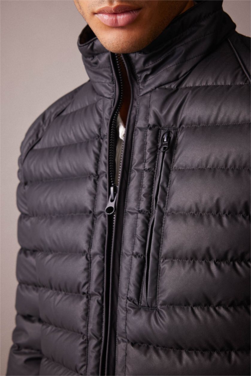 MAN Black Slim Fit Faux Leather Puffer Jacket