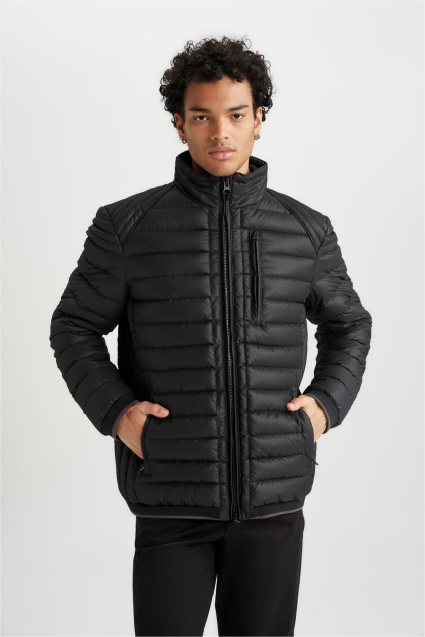 MAN Black Slim Fit Faux Leather Puffer Jacket