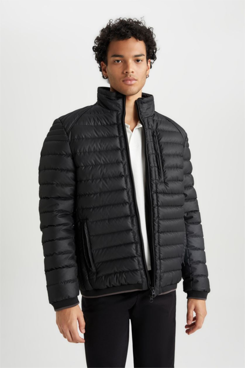 MAN Black Slim Fit Faux Leather Puffer Jacket