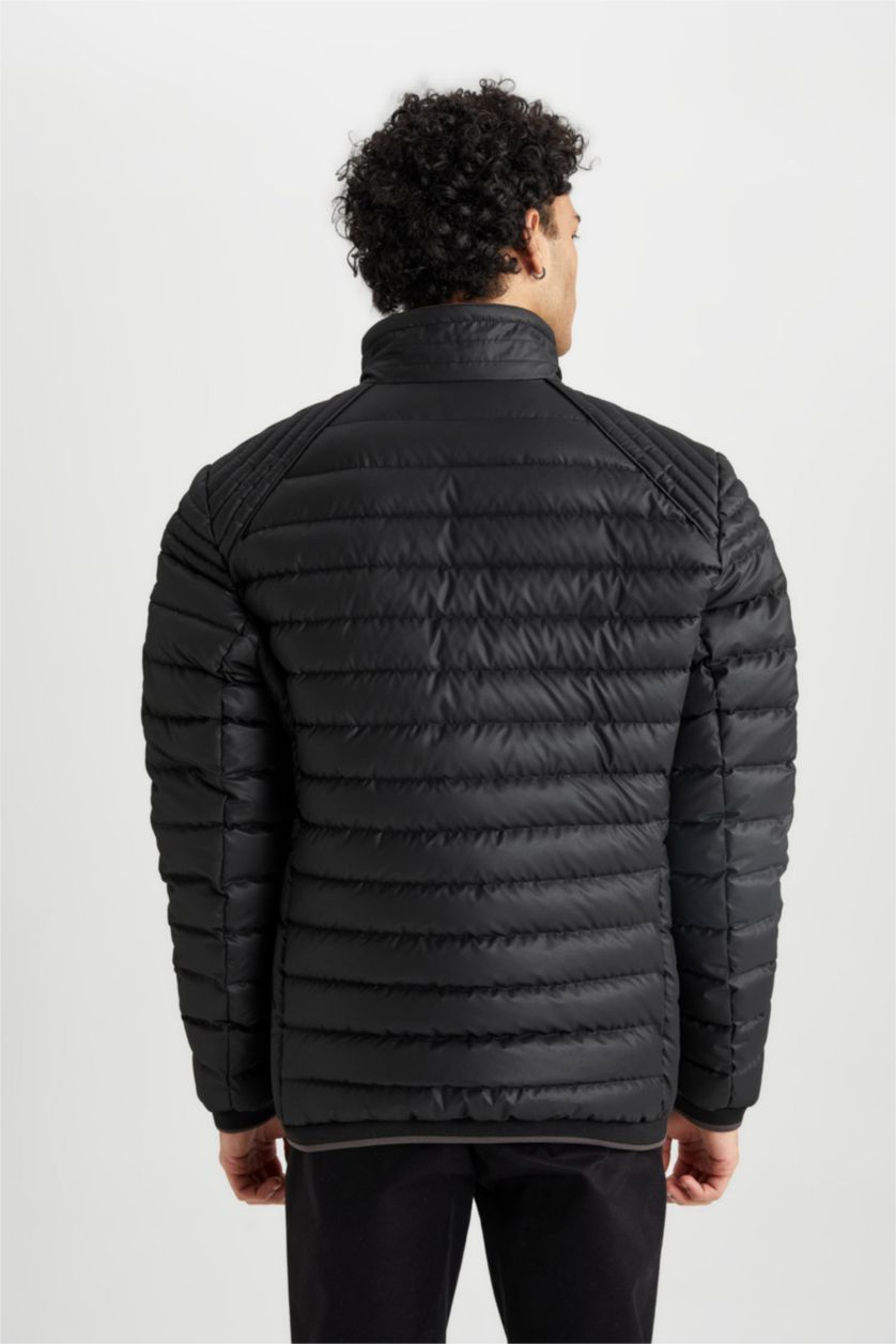 MAN Black Slim Fit Faux Leather Puffer Jacket