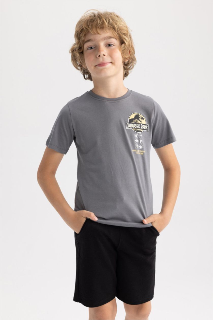 أولاد رمادي تي شيرت ولادي قصة عادية بياقة مستديرة من جوراسيك