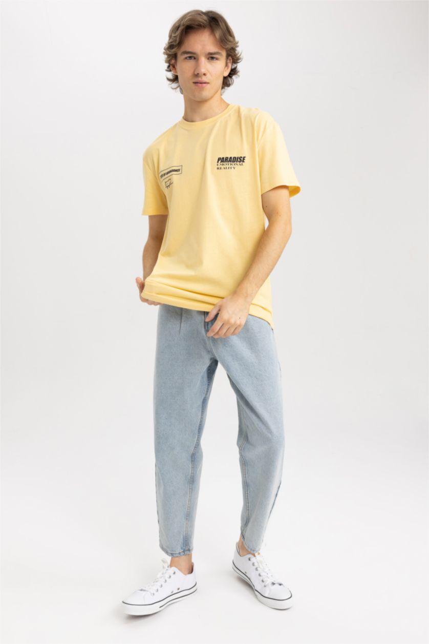 رجالي أصفر تي شيرت مطبوع بقصة عادية بياقة مدورة