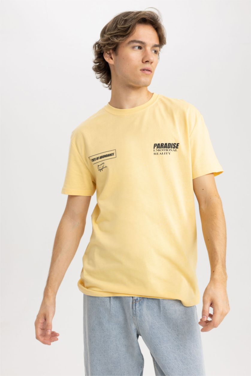 رجالي أصفر تي شيرت مطبوع بقصة عادية بياقة مدورة