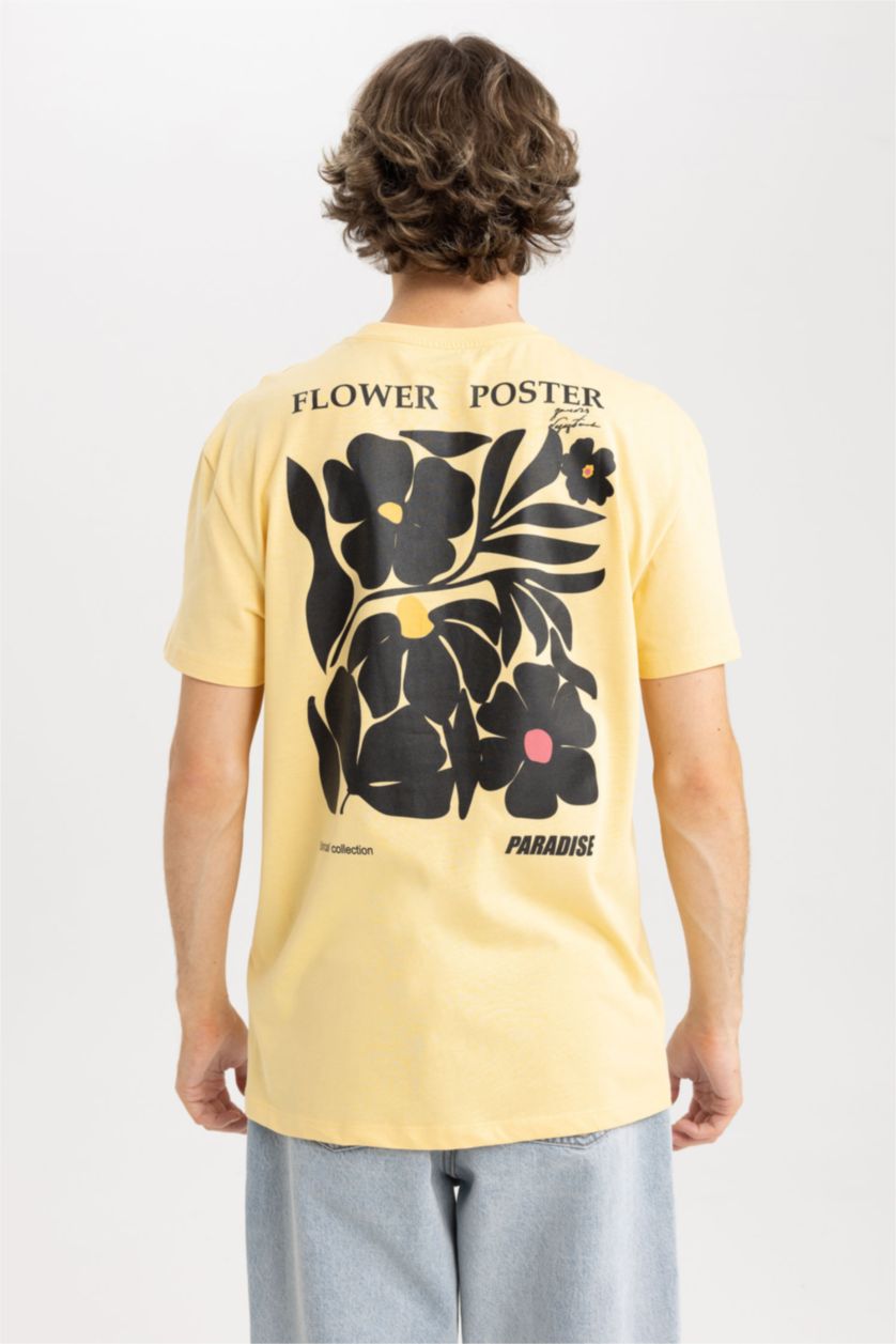 رجالي أصفر تي شيرت مطبوع بقصة عادية بياقة مدورة