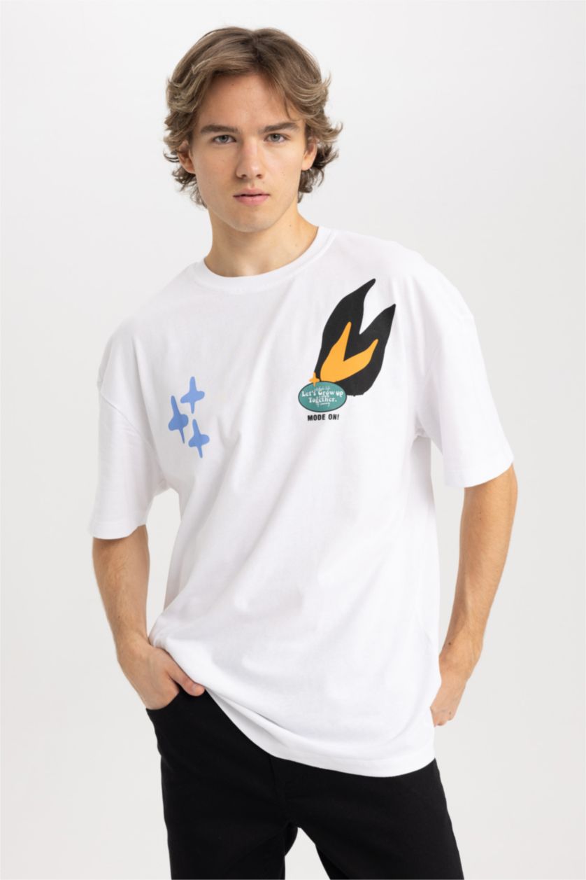 MAN White Comfort Fit Crew Neck Printed Short Sleeve T-Shirt