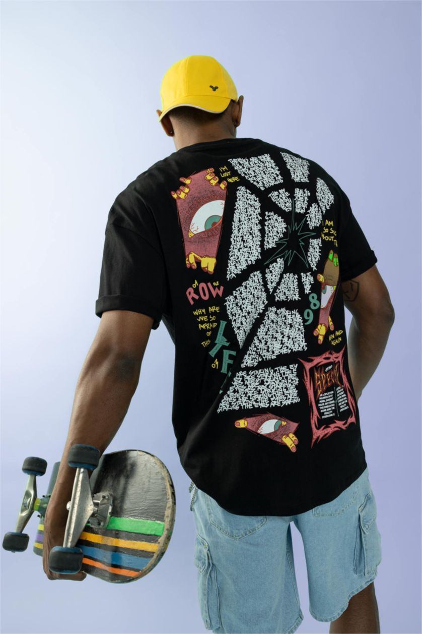 رجال أسود تي شيرت مطبوع قصة مريحة بياقة مستديرة