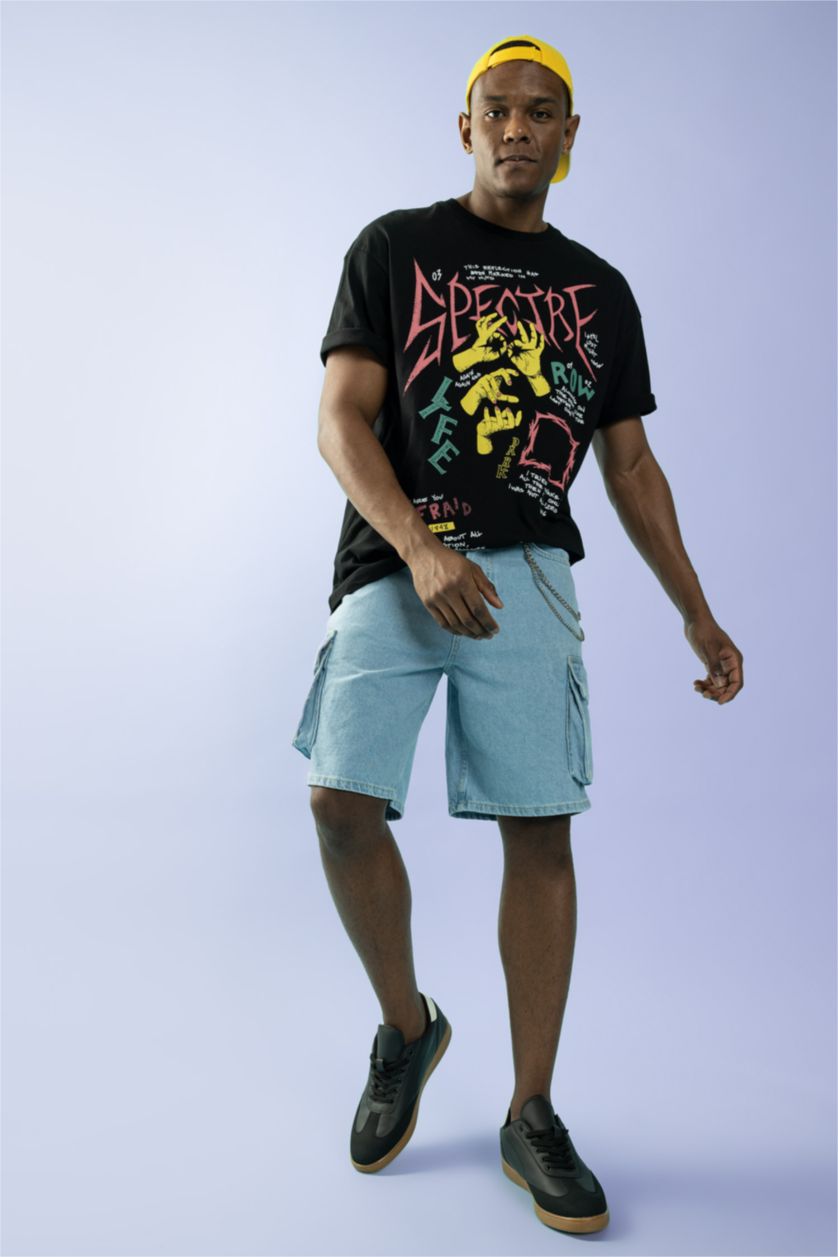 رجال أسود تي شيرت مطبوع قصة مريحة بياقة مستديرة