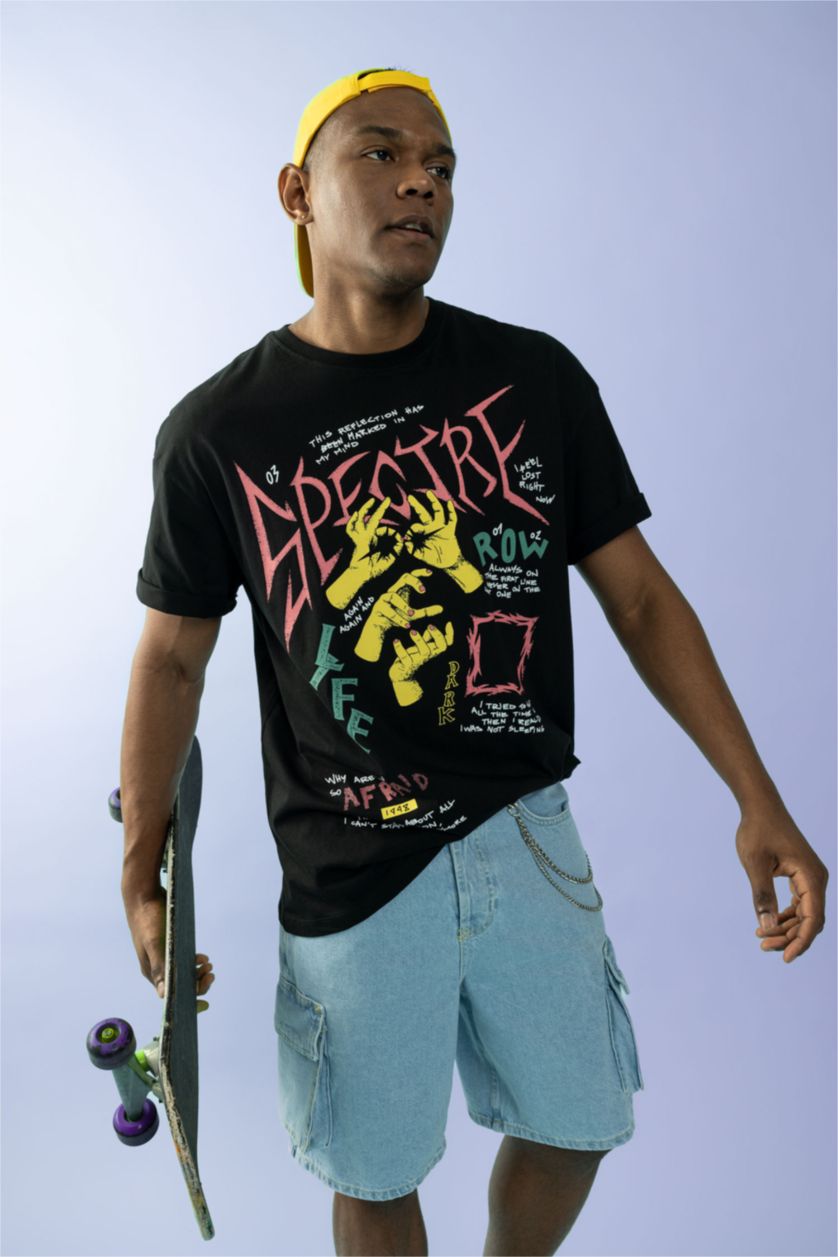 رجال أسود تي شيرت مطبوع قصة مريحة بياقة مستديرة