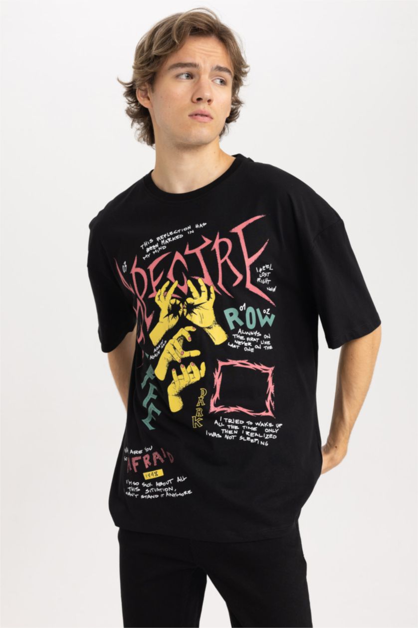 رجال أسود تي شيرت مطبوع قصة مريحة بياقة مستديرة