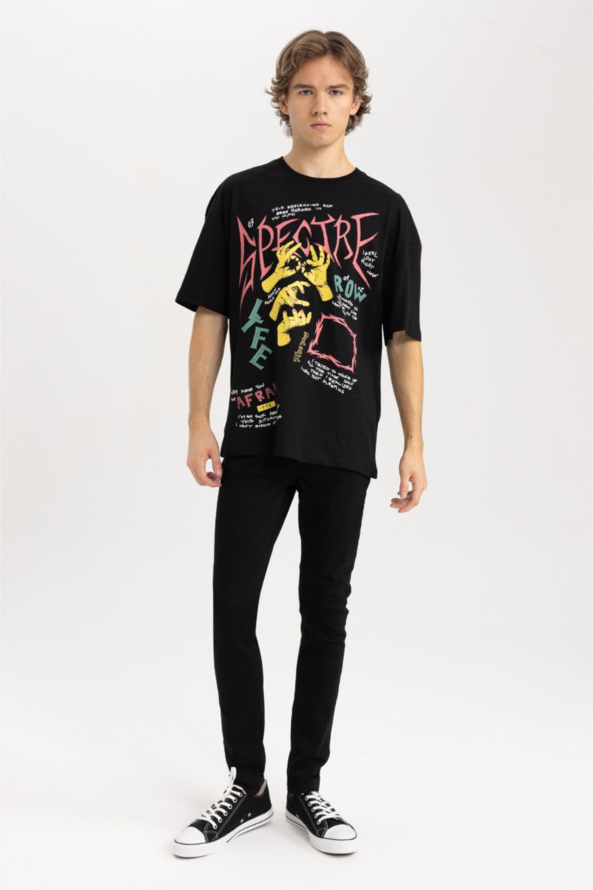 رجال أسود تي شيرت مطبوع قصة مريحة بياقة مستديرة