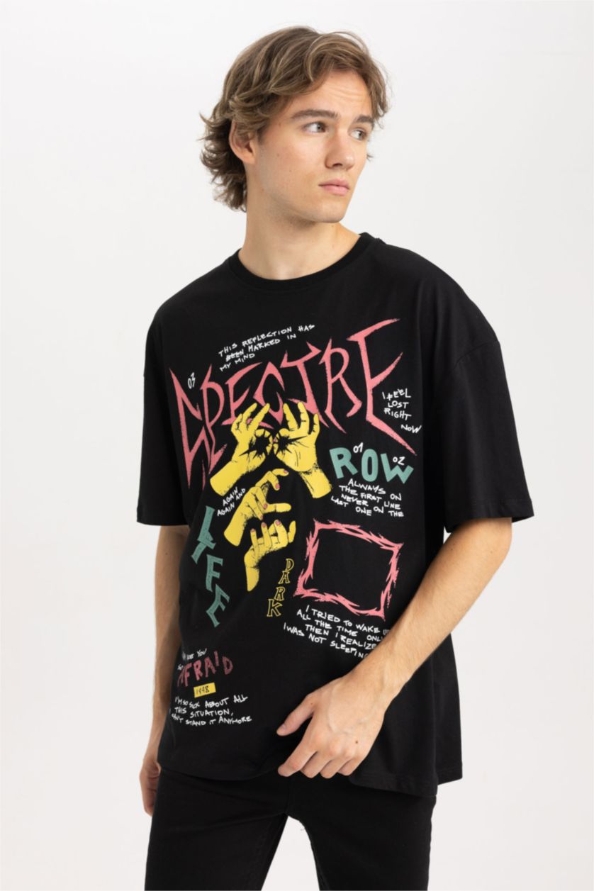 رجال أسود تي شيرت مطبوع قصة مريحة بياقة مستديرة