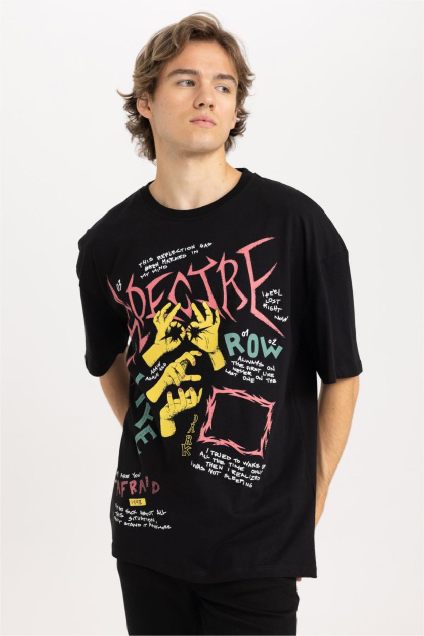 رجال أسود تي شيرت مطبوع قصة مريحة بياقة مستديرة