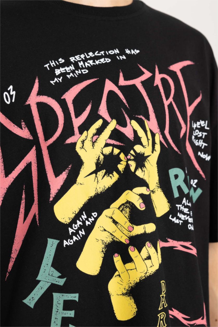 رجال أسود تي شيرت مطبوع قصة مريحة بياقة مستديرة