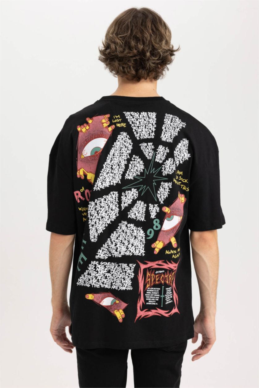 رجال أسود تي شيرت مطبوع قصة مريحة بياقة مستديرة