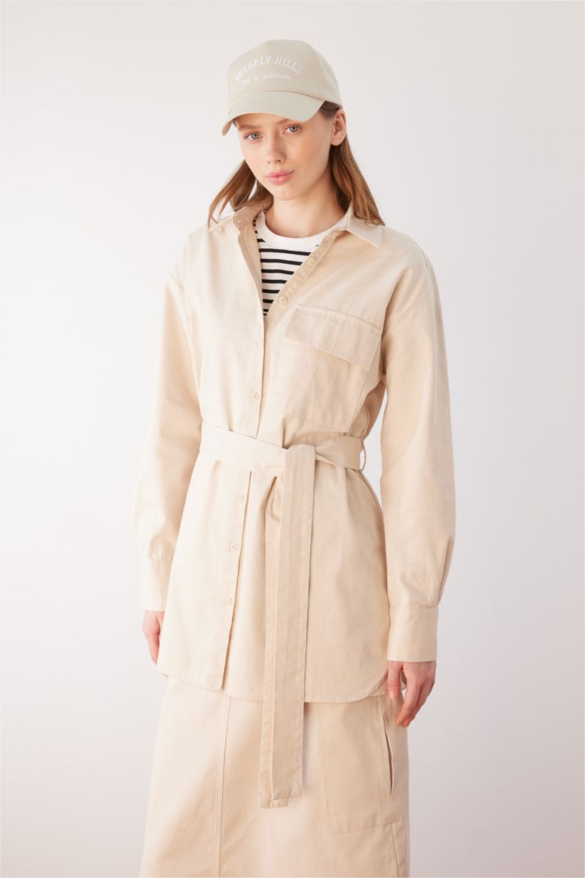 WOMAN Beige Relax Fit Gabardine Shirt Collar Long Sleeve Tunic