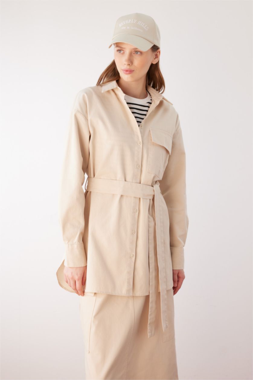 WOMAN Beige Relax Fit Gabardine Shirt Collar Long Sleeve Tunic