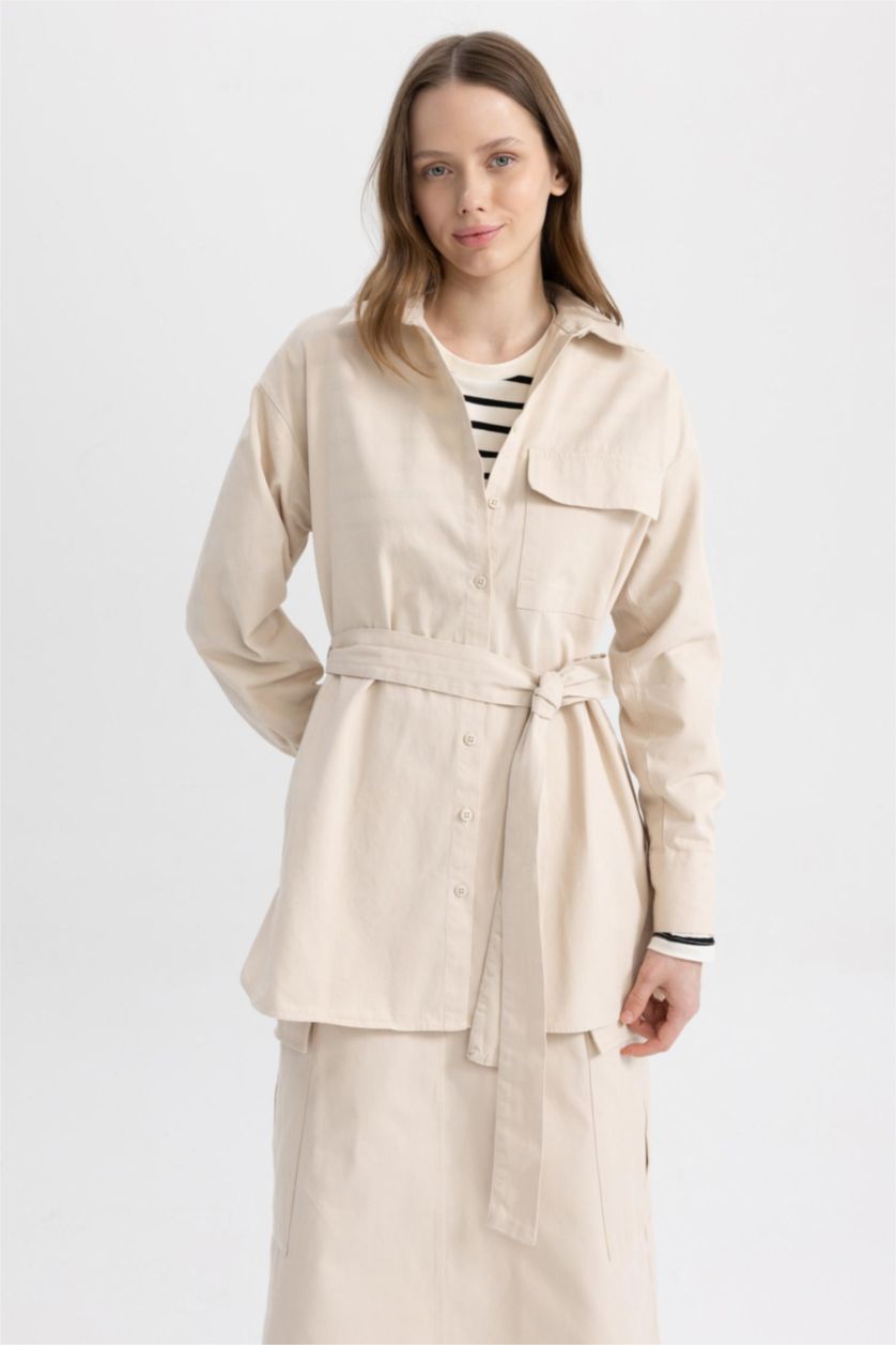 WOMAN Beige Relax Fit Gabardine Shirt Collar Long Sleeve Tunic
