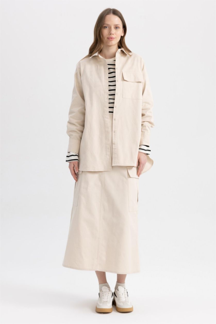 WOMAN Beige Relax Fit Gabardine Shirt Collar Long Sleeve Tunic