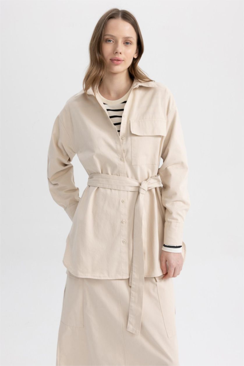 WOMAN Beige Relax Fit Gabardine Shirt Collar Long Sleeve Tunic