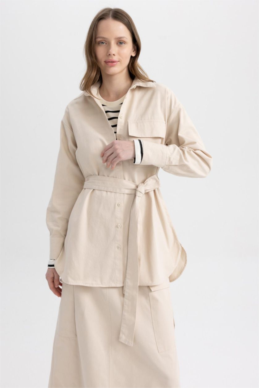 WOMAN Beige Relax Fit Gabardine Shirt Collar Long Sleeve Tunic
