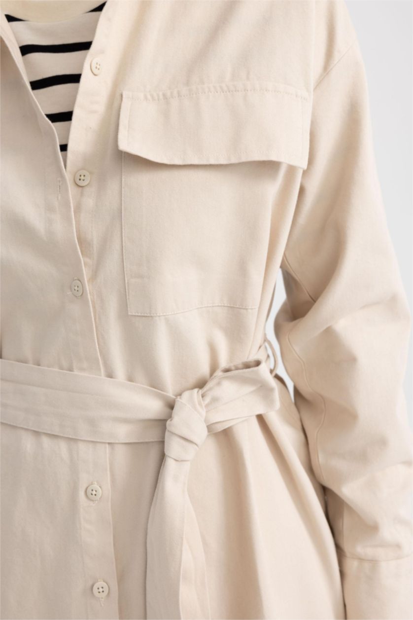 WOMAN Beige Relax Fit Gabardine Shirt Collar Long Sleeve Tunic