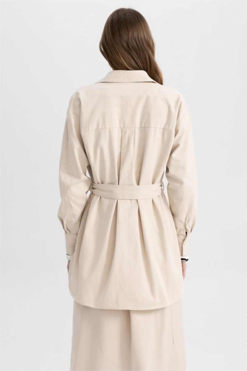 WOMAN Beige Relax Fit Gabardine Shirt Collar Long Sleeve Tunic