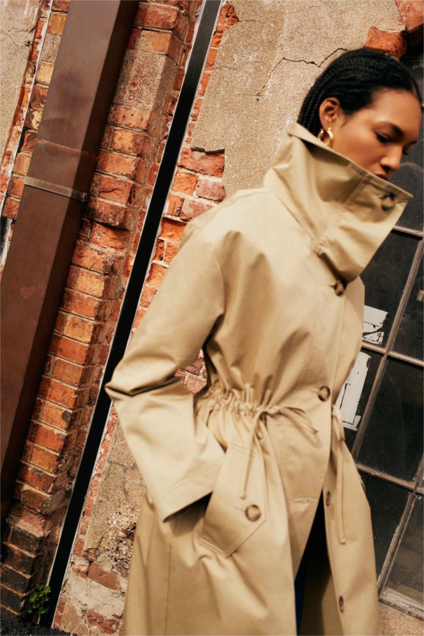 Kadın Açık Haki Sorbe X DeFacto Oversize Kemerli %100 Pamuk Trençkot