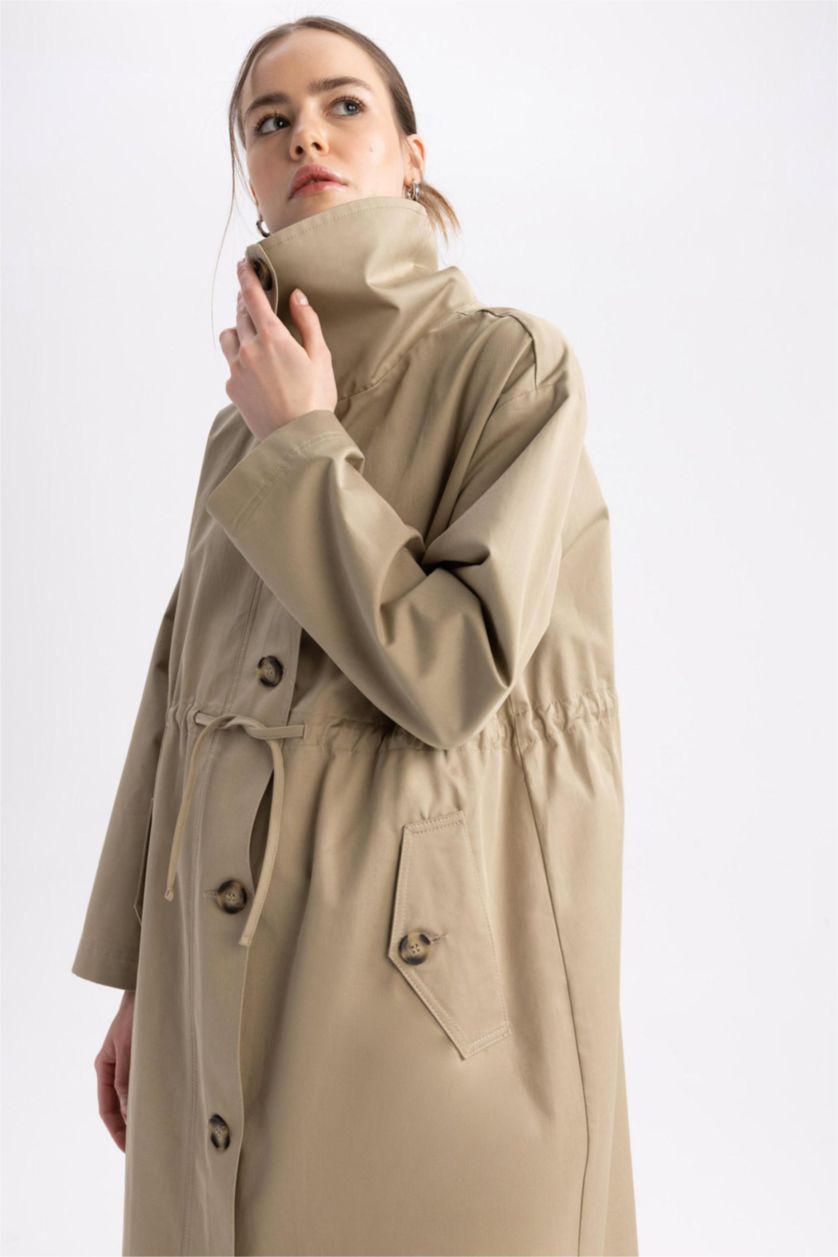 Kadın Açık Haki Sorbe X DeFacto Oversize Kemerli %100 Pamuk Trençkot