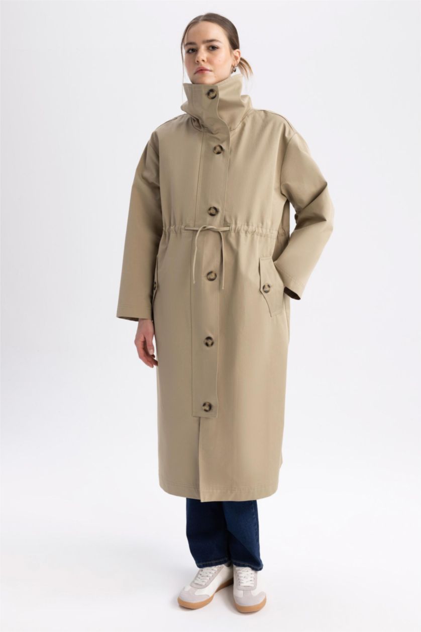 Kadın Açık Haki Sorbe X DeFacto Oversize Kemerli %100 Pamuk Trençkot