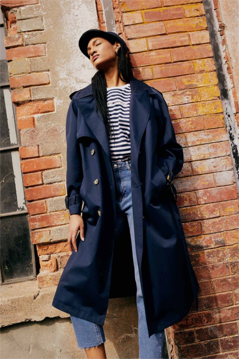 Kadın Lacivert Sorbe X DeFacto Oversize Trençkot