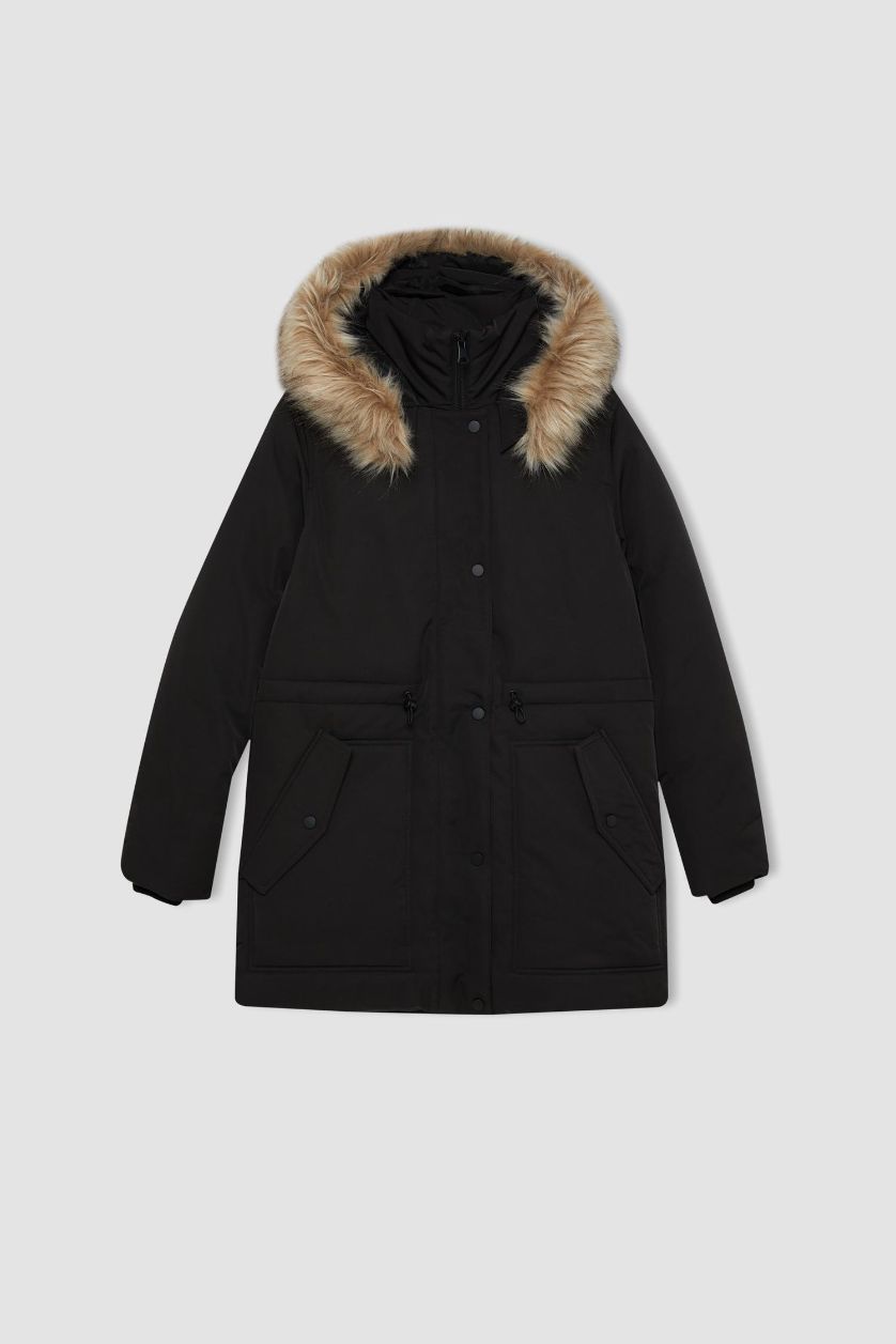 Kadın Siyah Su Geçirmez Şişme Mont Parka Oversize Geniş Kalıp Çıkarılabilir Suni Kürk Kapüşonlu Fermuarlı Çıtçıtlı Cepli