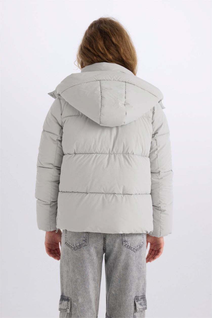 Kadın Gri Su Geçirmez Puffer Şişme Mont Oversize Geniş Kalıp Kapüşonlu Fermuarlı Çıtçıtlı