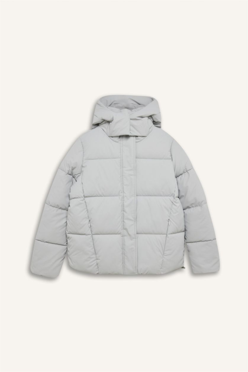 Kadın Gri Su Geçirmez Puffer Şişme Mont Oversize Geniş Kalıp Kapüşonlu Fermuarlı Çıtçıtlı