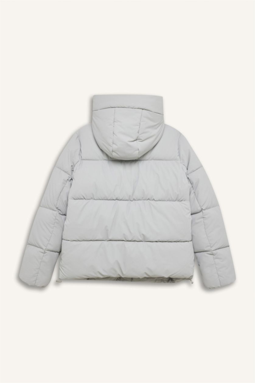 Kadın Gri Su Geçirmez Puffer Şişme Mont Oversize Geniş Kalıp Kapüşonlu Fermuarlı Çıtçıtlı