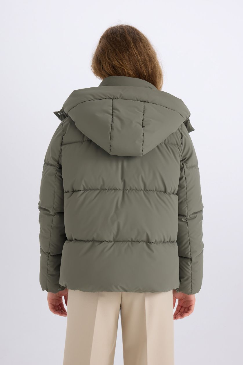 Kadın Haki Su Geçirmez Puffer Şişme Mont Oversize Geniş Kalıp Kapüşonlu Fermuarlı Çıtçıtlı